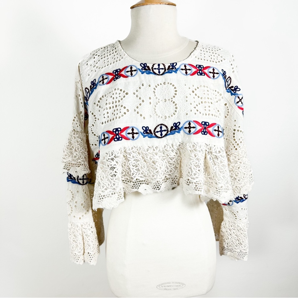 ANTHROPOLOGIE Ruffle Lace Shrug in Cream Size M/L - Picture 3 of 15